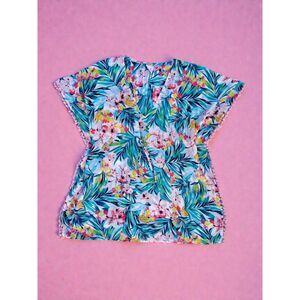 MERONA Tropical Floral Tropical Pom-Pom Trim Kaftan Top